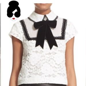 Alice + Olivia Vanetta Pintuck White Lace Blouse with black velvet bow